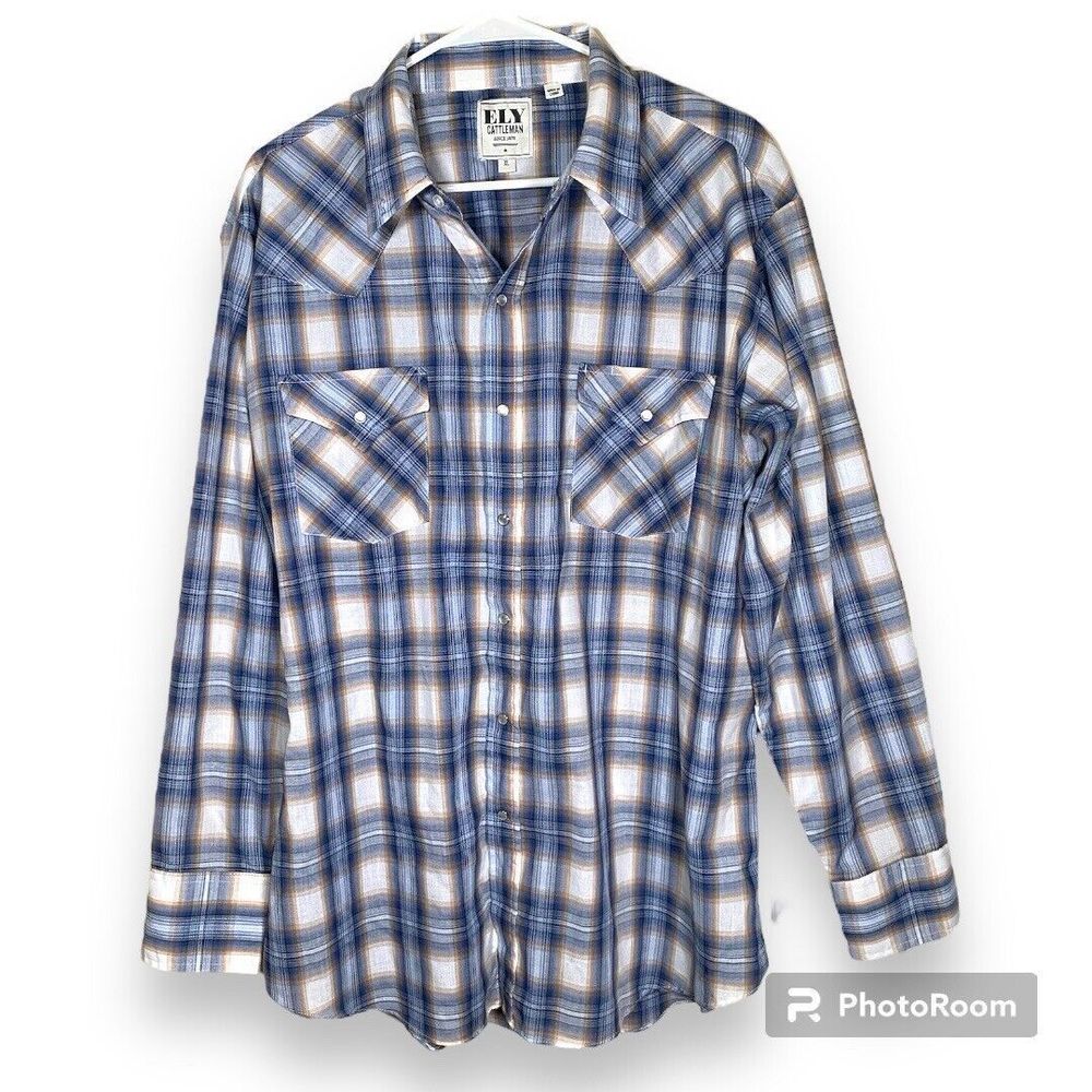 Ely Cattleman Pearl Snap Shirt Mens Med Long Sleeve Red White Plaid Western XL